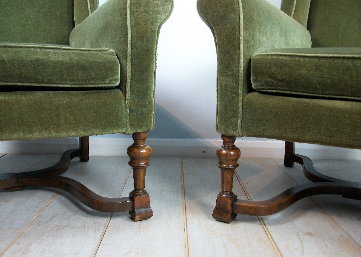 Pair of Edwardian Wing Back Upholstered Armchairs